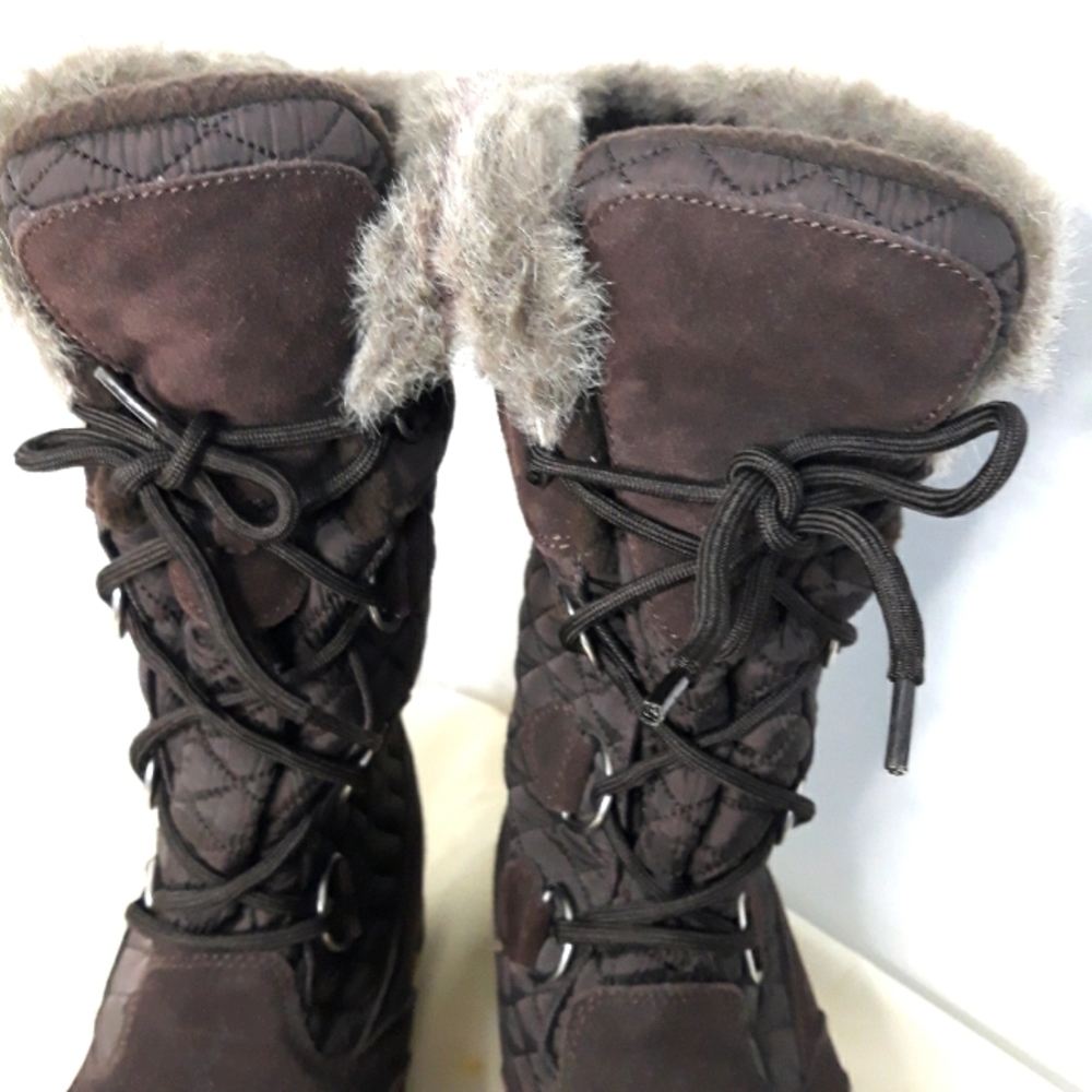 Land's End Women's Suede & Quilted  Brown Fur Trim Fleece Lined Boots Size 10B - Picture 4 of 11